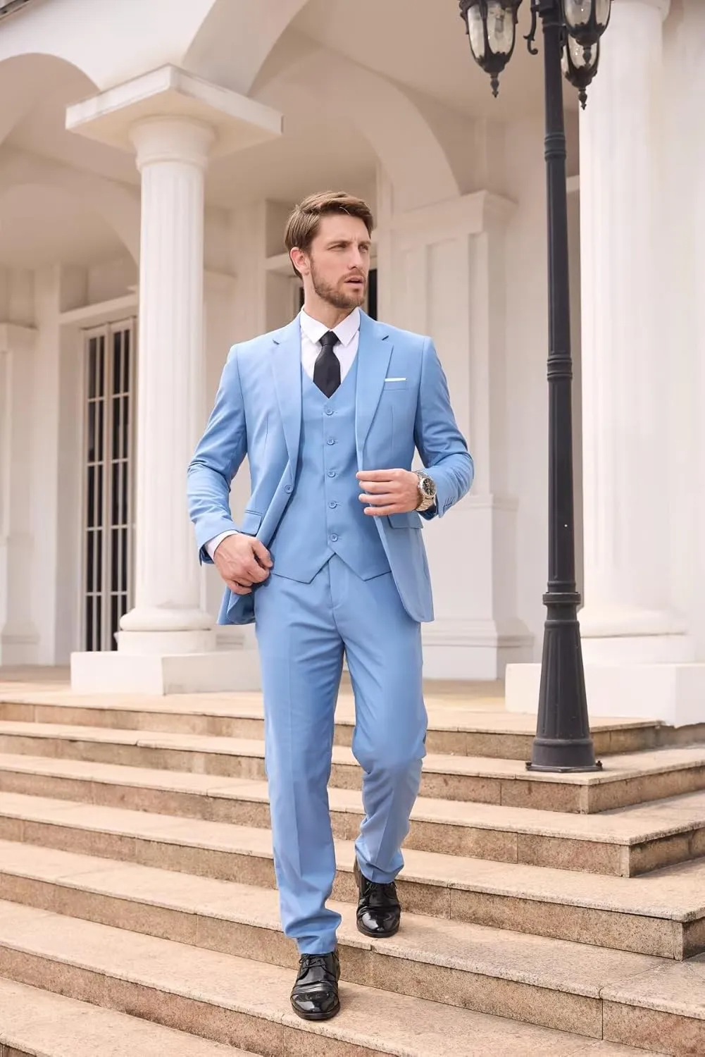 Wangyue Men's Suit Slim Fit 3 Piece Suit Men Wedding One Button Groomsmen Suits Formal Prom Jacket Blazers Vest Pants