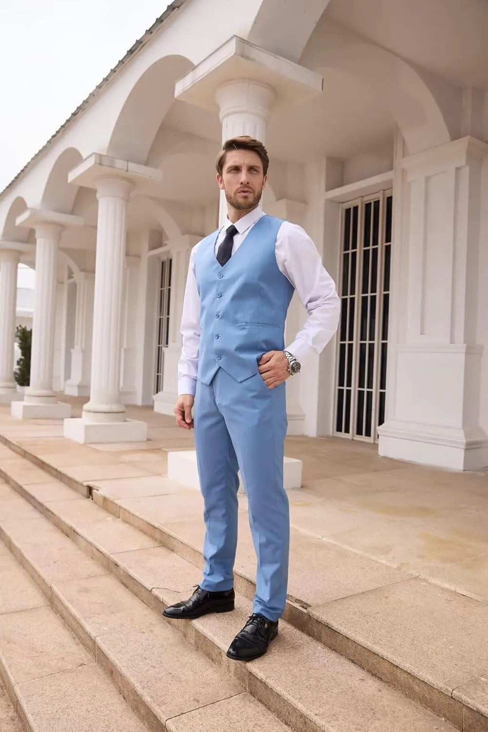 Wangyue Men's Suit Slim Fit 3 Piece Suit Men Wedding One Button Groomsmen Suits Formal Prom Jacket Blazers Vest Pants