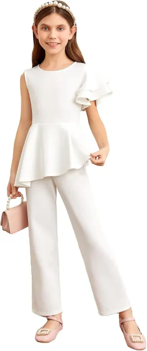 WDIRARA Girl's Ruffle Trim One Shoulder Romper Ruffle Hem Round Neck Jumpsuit