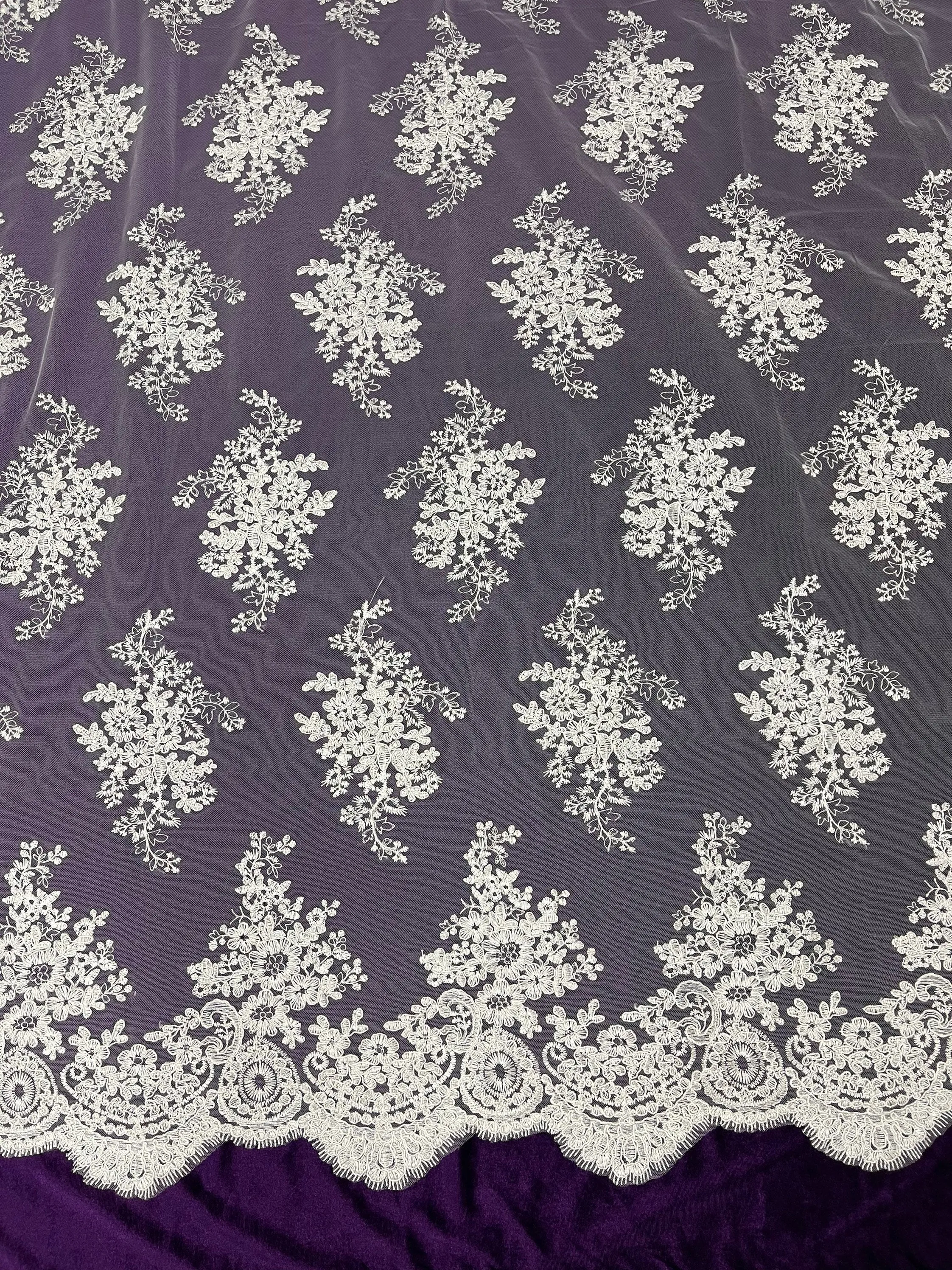 White Floral Lace Fabric, Embroidery on a Mesh Lace Fabric By The Yard For Gown, Wedding-Bridal-Dress