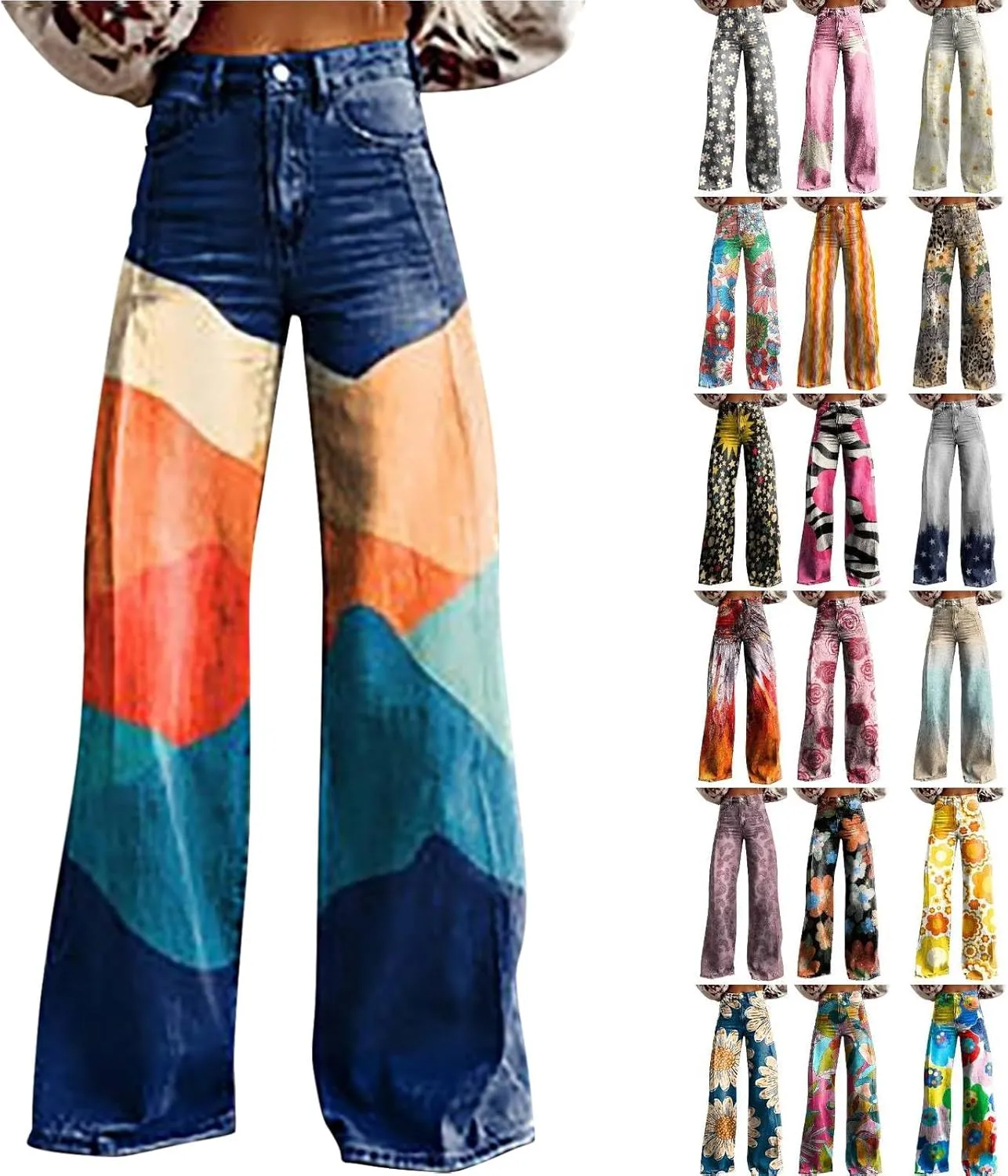 Wide Leg Flare Jeans for Women Vintage Floral Print Baggy Bell Bottom Jean Baggy Retro Boyfriend Flower Denim Pants