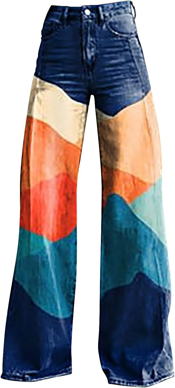 Wide Leg Flare Jeans for Women Vintage Floral Print Baggy Bell Bottom Jean Baggy Retro Boyfriend Flower Denim Pants