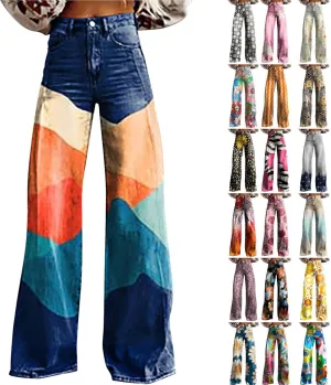 Wide Leg Flare Jeans for Women Vintage Floral Print Baggy Bell Bottom Jean Baggy Retro Boyfriend Flower Denim Pants