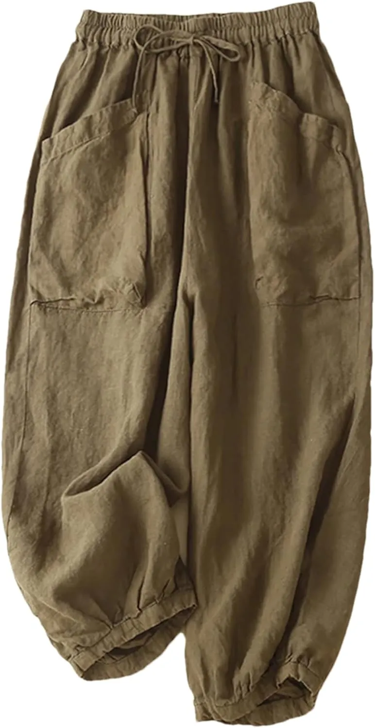 Women Casual Cotton Pants Summer Loose Pockets Elastic High Waist Lantern Harem Trousers