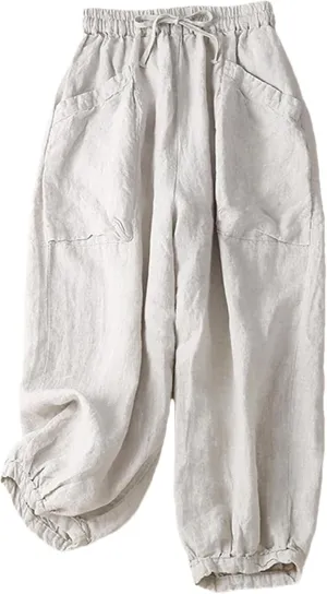 Women Casual Cotton Pants Summer Loose Pockets Elastic High Waist Lantern Harem Trousers