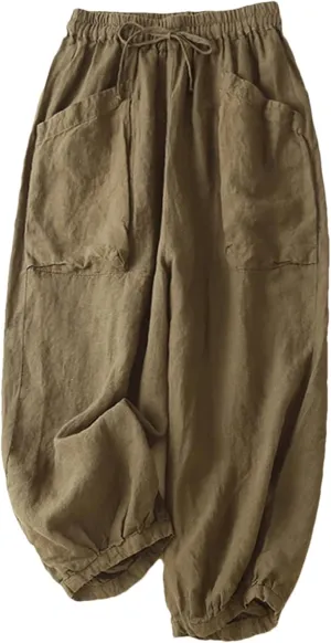 Women Casual Cotton Pants Summer Loose Pockets Elastic High Waist Lantern Harem Trousers