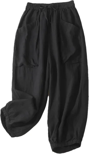 Women Casual Cotton Pants Summer Loose Pockets Elastic High Waist Lantern Harem Trousers