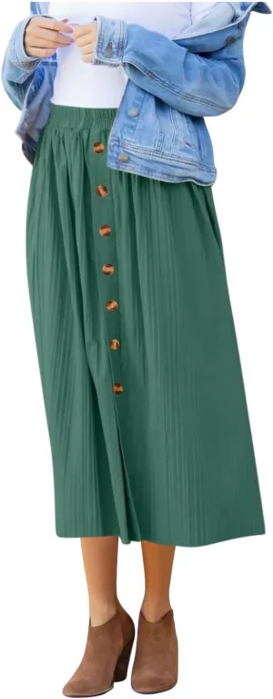 Women Front Button A-Line Midi Skirt Summer Casual High Waisted Skirts Trendy Casual Solid Color Flowy Pleated Skirt