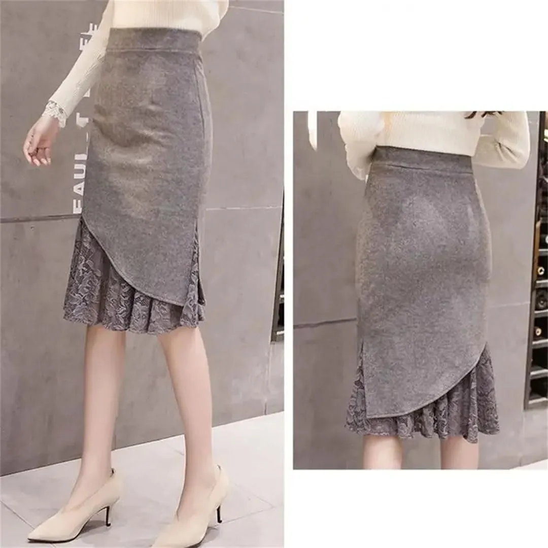 Women High Waist Lace Patchwork Skirts Korean Streetwear Midi Pencil Skirt