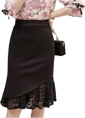 Women High Waist Lace Patchwork Skirts Korean Streetwear Midi Pencil Skirt
