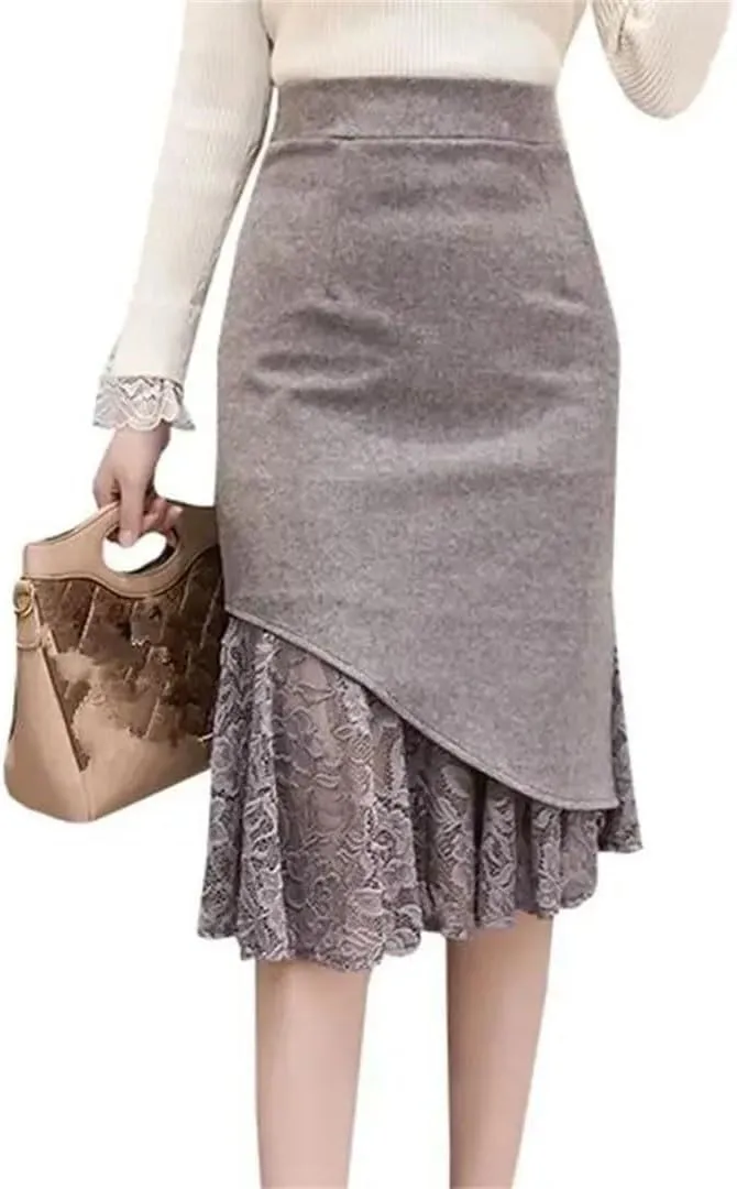 Women High Waist Lace Patchwork Skirts Korean Streetwear Midi Pencil Skirt