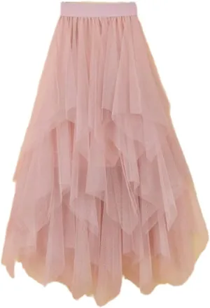 Women Irregular Tulle Skirts Elastic High Waist Mesh Skirt Pleated Long Skirts Midi Skirt
