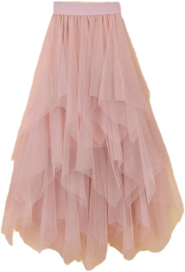 Women Irregular Tulle Skirts Elastic High Waist Mesh Skirt Pleated Long Skirts Midi Skirt