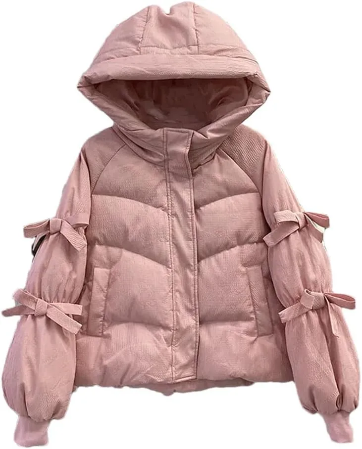 Women Parkas Bow Down Cotton Padded Jackets Zippers Casual Solid Warm Thick Hooded Coat