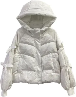 Women Parkas Bow Down Cotton Padded Jackets Zippers Casual Solid Warm Thick Hooded Coat