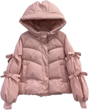 Women Parkas Bow Down Cotton Padded Jackets Zippers Casual Solid Warm Thick Hooded Coat
