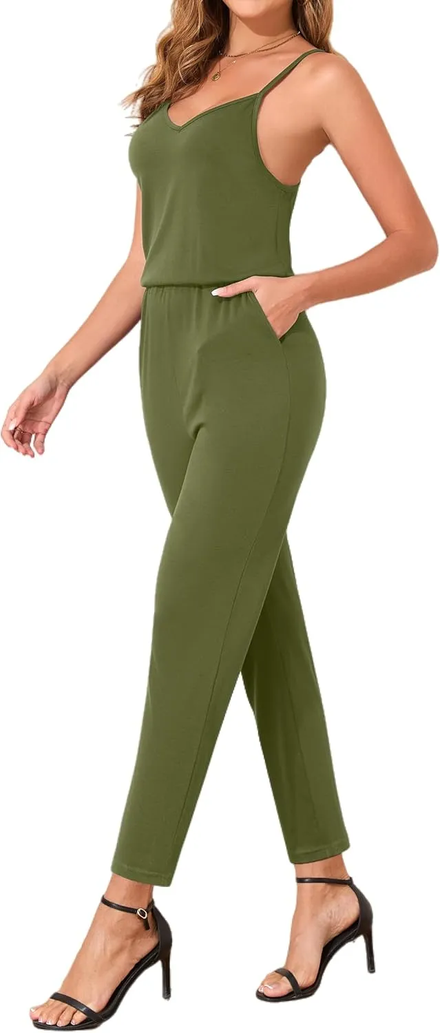 Women Spaghetti Strap Jumpsuits Dressy Sleeveless Tapered Leg Rompers 2025 Trendy Summer Outfits Casual Clothes