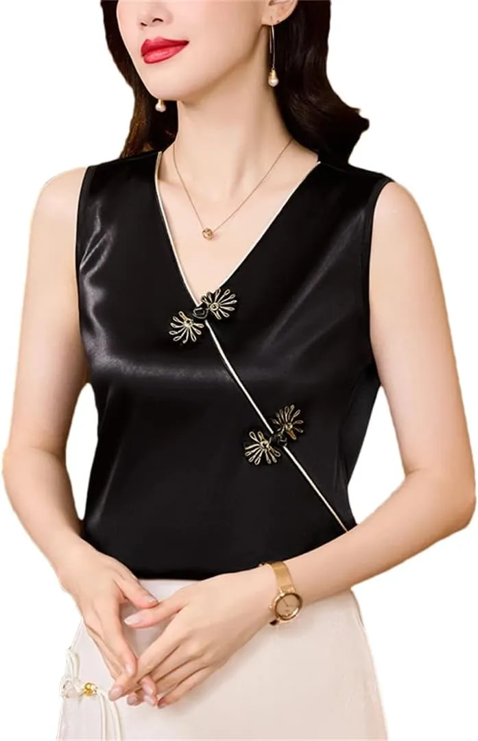Women Spring Summer Chinese Style Camisole Shirt V-Neck Buckle Sleeveless Tank Tops