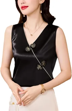 Women Spring Summer Chinese Style Camisole Shirt V-Neck Buckle Sleeveless Tank Tops