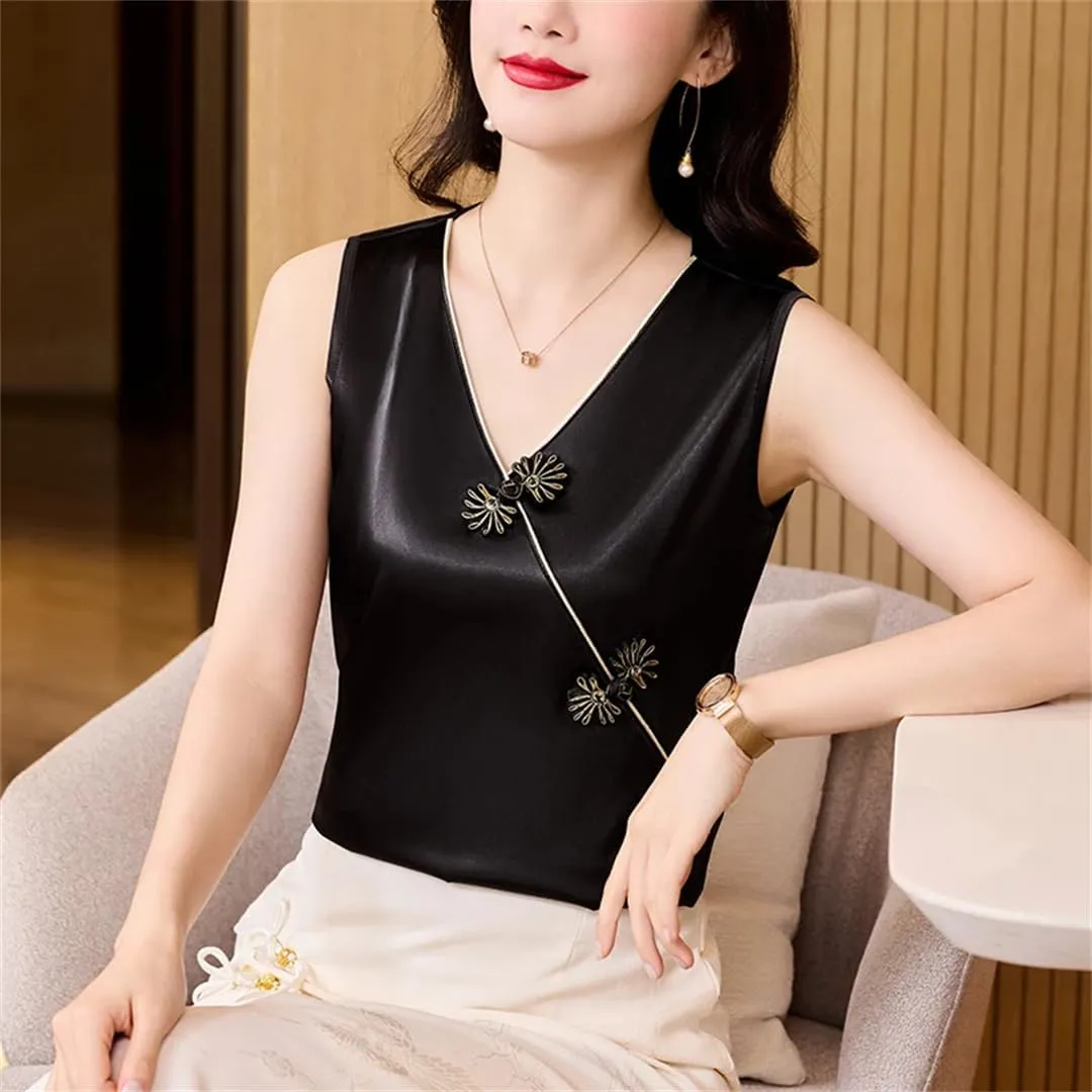 Women Spring Summer Chinese Style Camisole Shirt V-Neck Buckle Sleeveless Tank Tops
