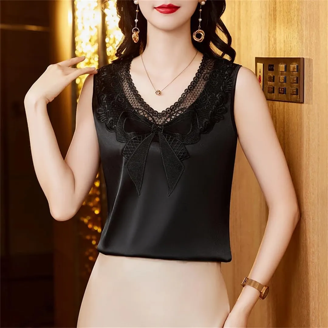 Women Spring Summer Patchwork Lace Embroidered Tank Top Sleeveless Silk Satin Camisole Vest