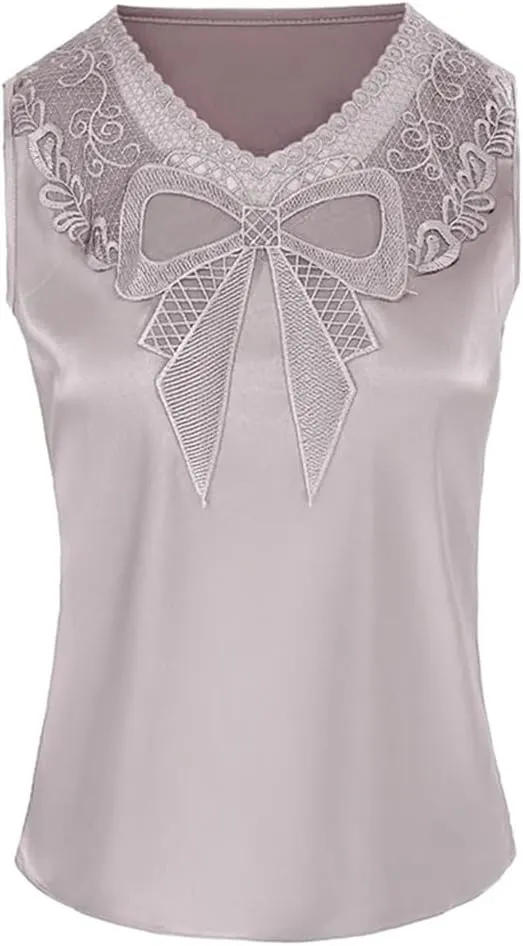 Women Spring Summer Patchwork Lace Embroidered Tank Top Sleeveless Silk Satin Camisole Vest