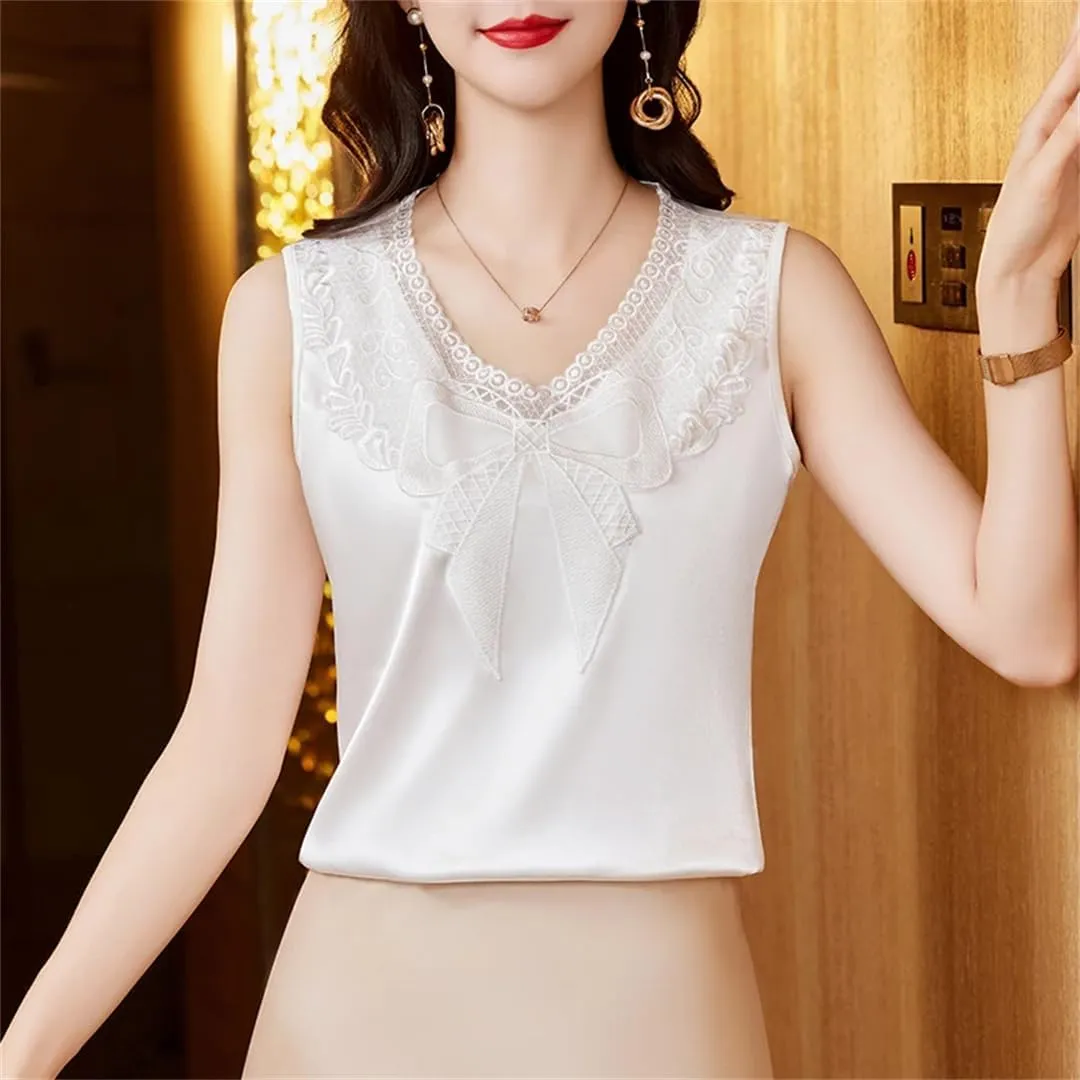 Women Spring Summer Patchwork Lace Embroidered Tank Top Sleeveless Silk Satin Camisole Vest