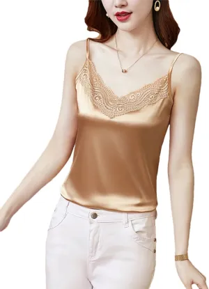 Women Summer Camisole Satin Patchwork Lace Shirt V-Neck Sleeveless Tank Tops