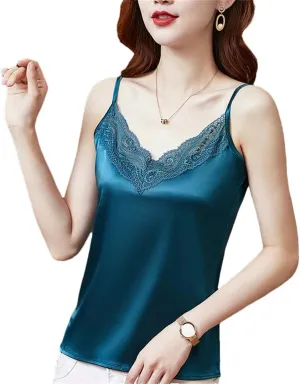 Women Summer Camisole Satin Patchwork Lace Shirt V-Neck Sleeveless Tank Tops