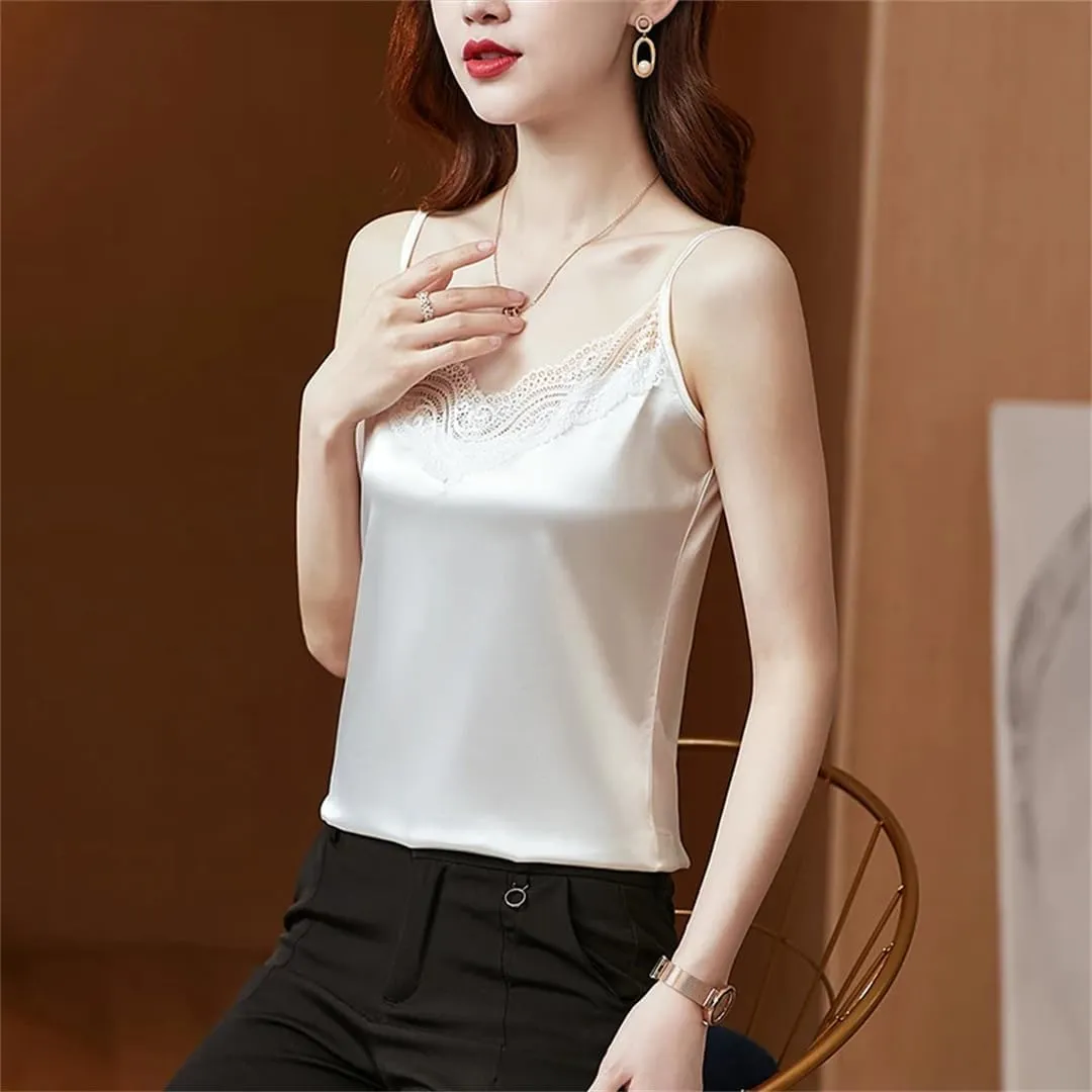 Women Summer Camisole Satin Patchwork Lace Shirt V-Neck Sleeveless Tank Tops
