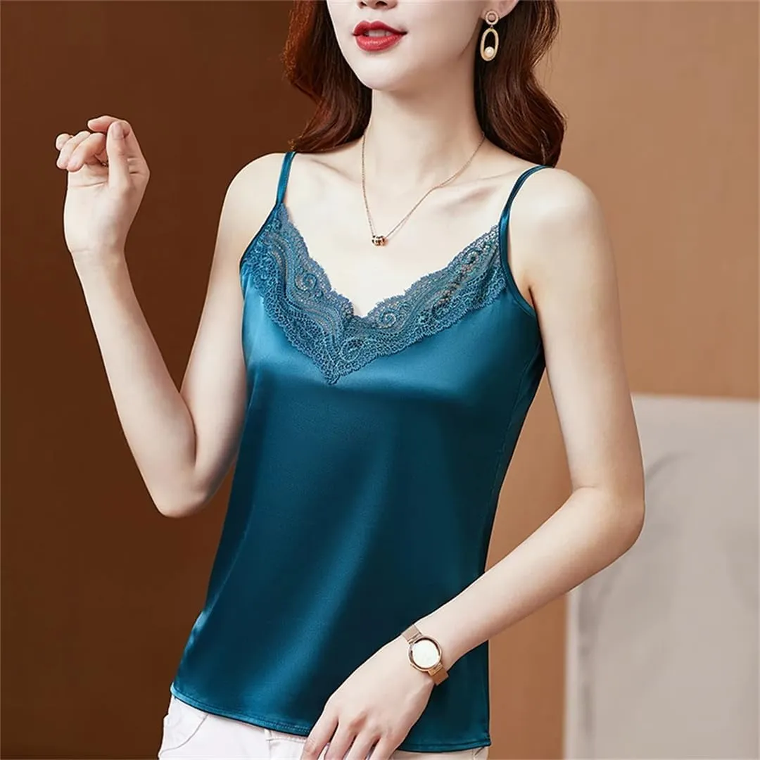 Women Summer Camisole Satin Patchwork Lace Shirt V-Neck Sleeveless Tank Tops