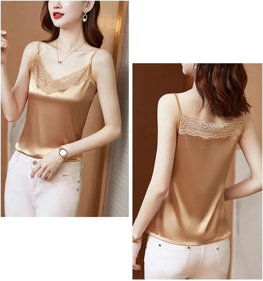 Women Summer Camisole Satin Patchwork Lace Shirt V-Neck Sleeveless Tank Tops