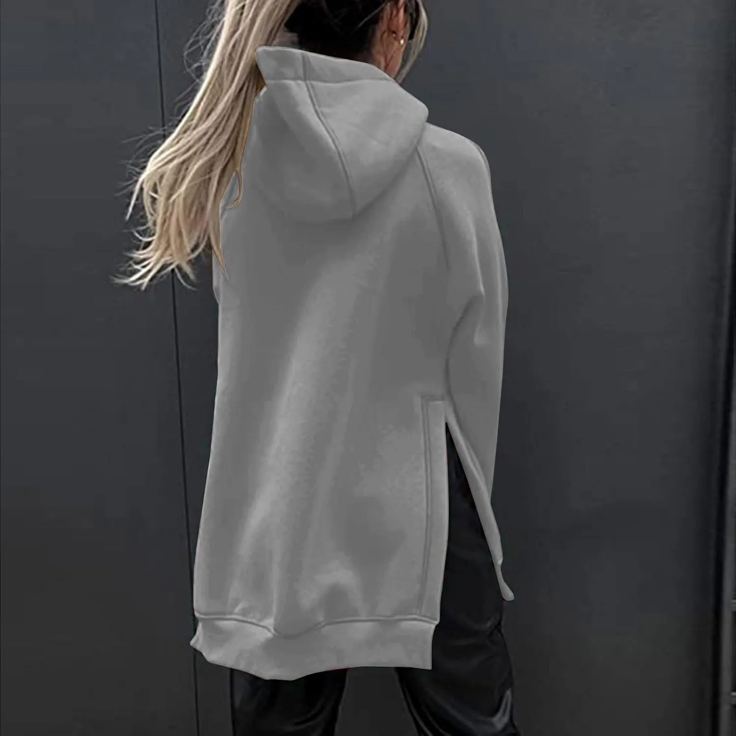 Women's Casual Long Hoodies Oversized Thick Fleece Solid Color Hooded Sweatshirt Pullover Side Split High Low Hem Tops