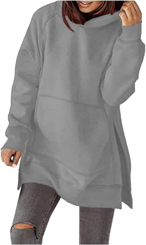 Women's Casual Long Hoodies Oversized Thick Fleece Solid Color Hooded Sweatshirt Pullover Side Split High Low Hem Tops
