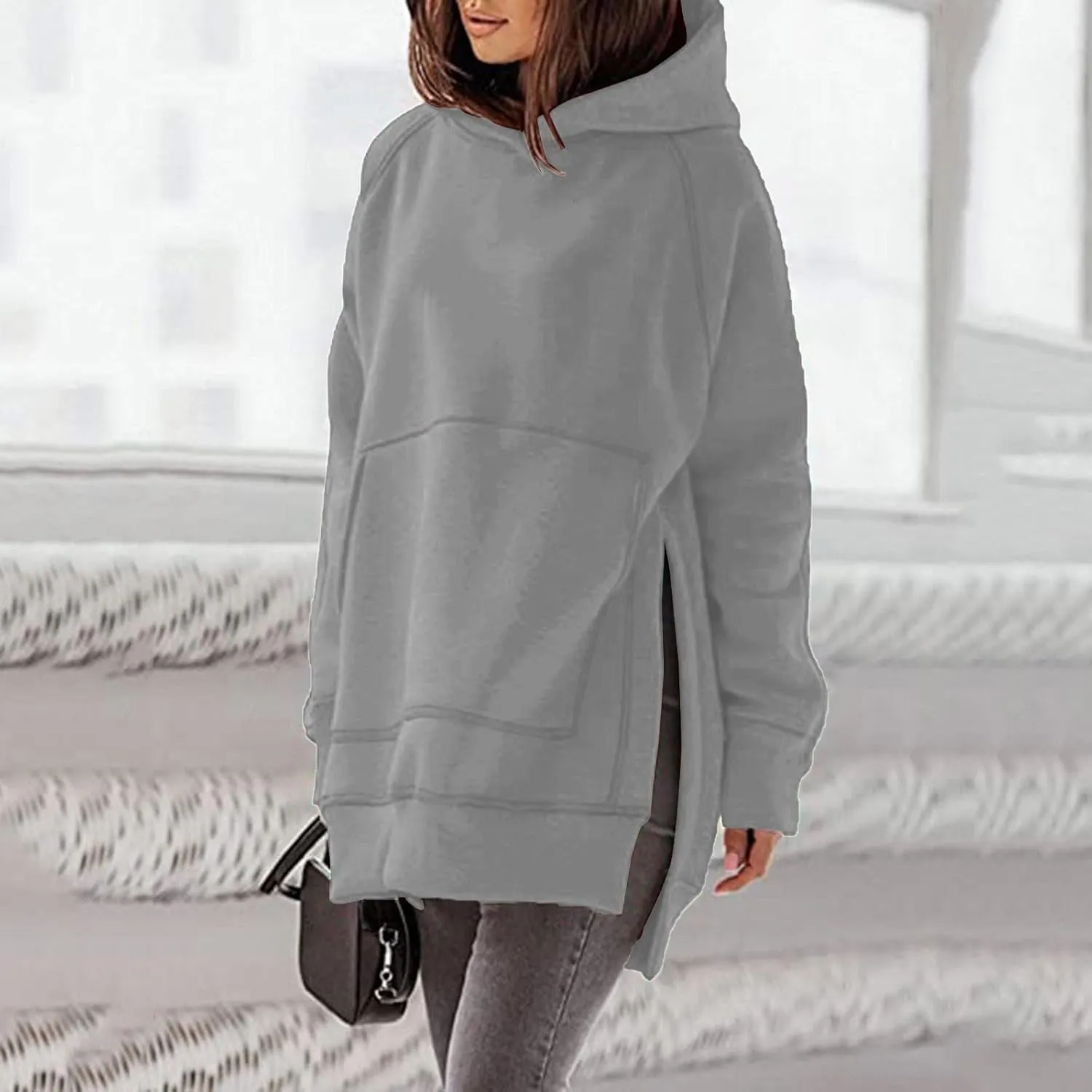 Women's Casual Long Hoodies Oversized Thick Fleece Solid Color Hooded Sweatshirt Pullover Side Split High Low Hem Tops
