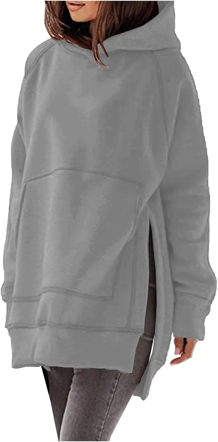 Women's Casual Long Hoodies Oversized Thick Fleece Solid Color Hooded Sweatshirt Pullover Side Split High Low Hem Tops