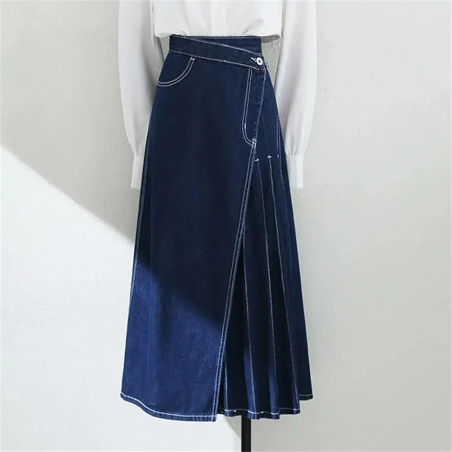 Womens High Waist Irregular Pleated Baggy Denim Skirt Korean Fashion Streetwear Loose A Lined Jean Skirts