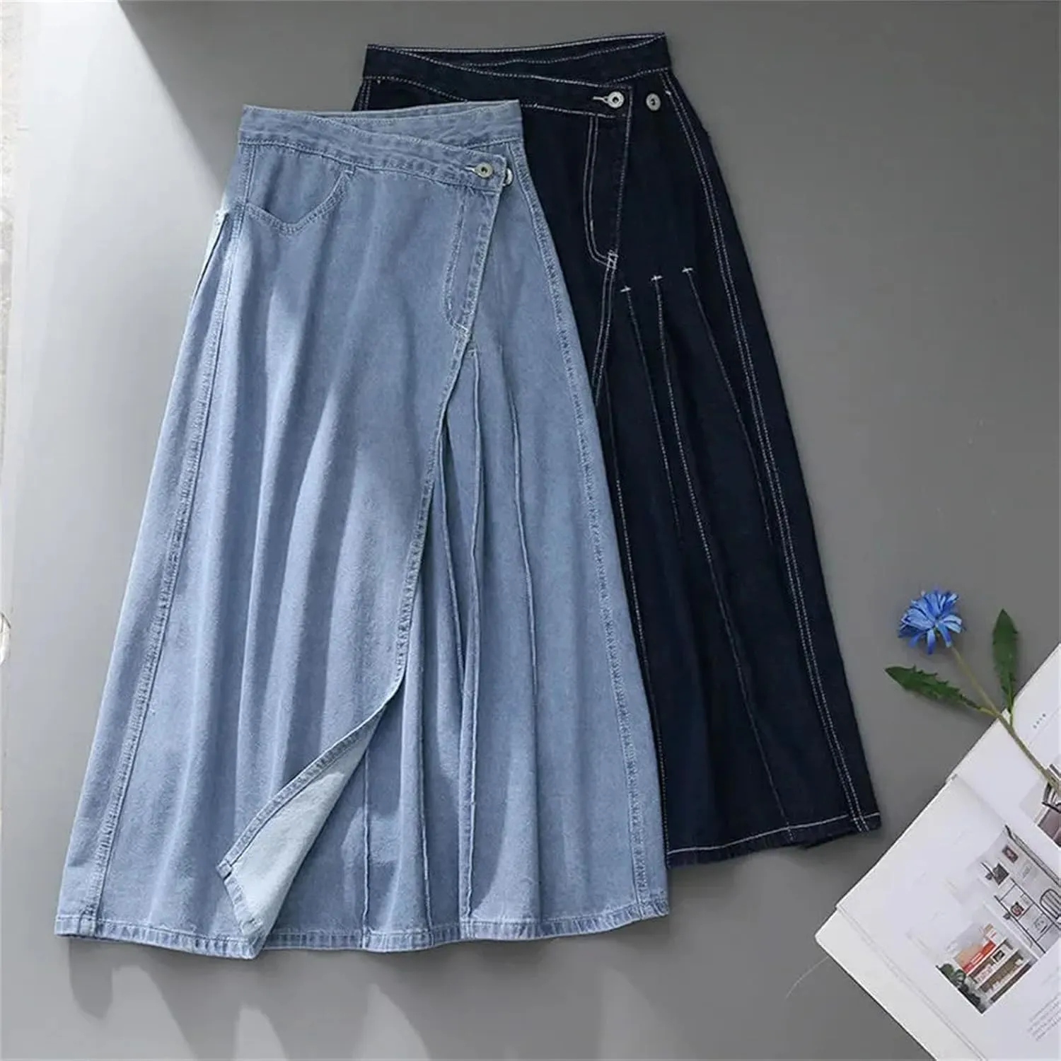 Womens High Waist Irregular Pleated Baggy Denim Skirt Korean Fashion Streetwear Loose A Lined Jean Skirts