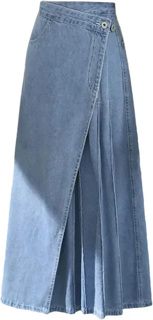 Womens High Waist Irregular Pleated Baggy Denim Skirt Korean Fashion Streetwear Loose A Lined Jean Skirts