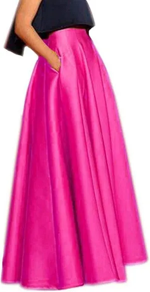 Womens Long Satin Maxi Skirts High Waist A-Line Pleated Formal Prom Party Skirts with Pockets