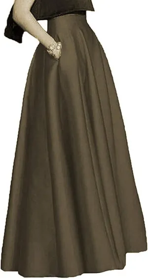 Womens Long Satin Maxi Skirts High Waist A-Line Pleated Formal Prom Party Skirts with Pockets