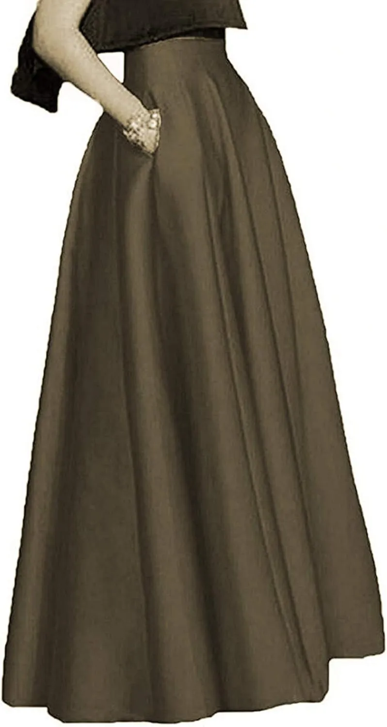 Womens Long Satin Maxi Skirts High Waist A-Line Pleated Formal Prom Party Skirts with Pockets