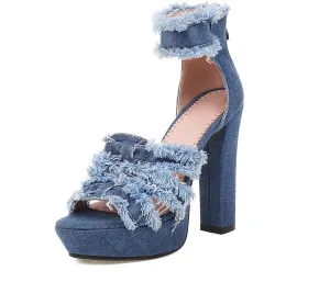 Women's Open Toe Denim High Heeled Sandals Fashion Comfortable Ankle Strap Stiletto Shoes