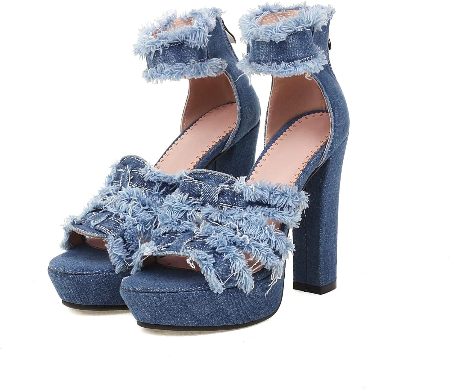 Women's Open Toe Denim High Heeled Sandals Fashion Comfortable Ankle Strap Stiletto Shoes