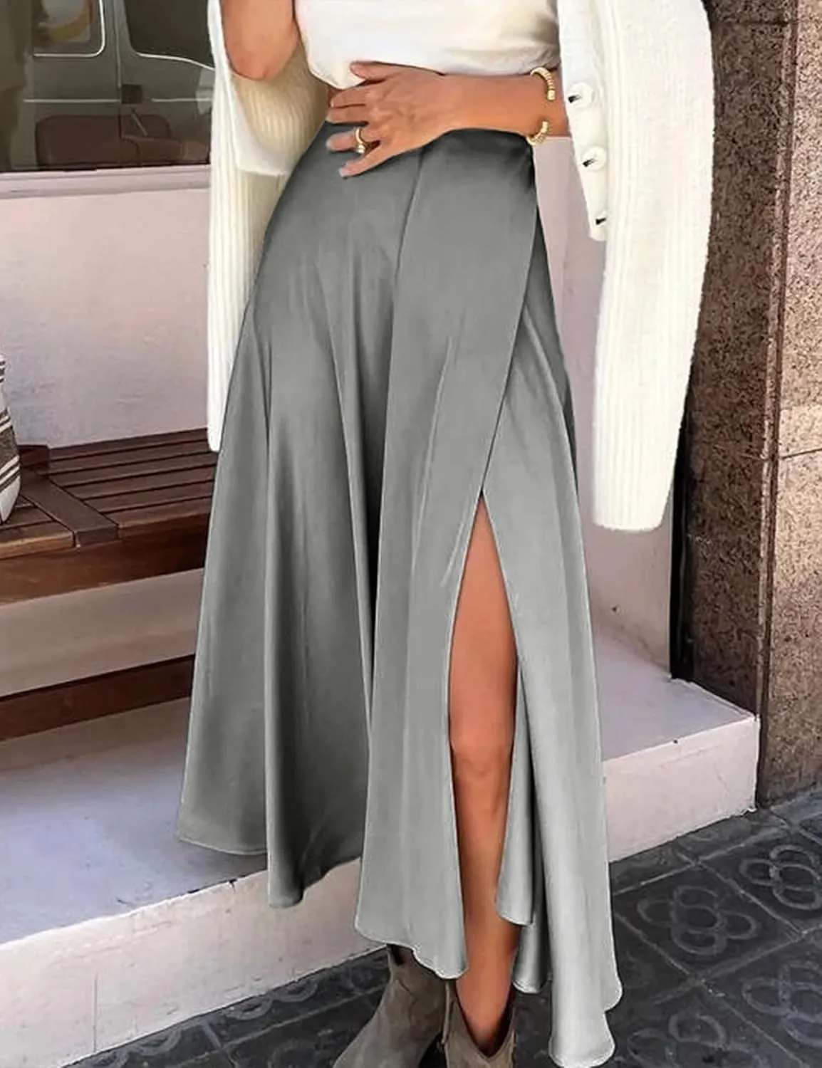 Womens Satin Maxi Skirt Spring Fall Elegant Silk High Waisted Side Split Flowy A Line Casual Formal Long Skirts
