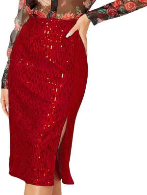 Women's Sequin Skirt Midi High Waist Elegant Stretchy Sparkle Side Slit Pencil Skirt Party Cocktail Wedding Guest