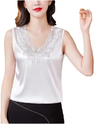 Women's Spring Summer Satin Embroidered Patchwork Tank Tops Sleeveless Camisole