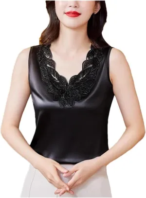 Women's Spring Summer Satin Embroidered Patchwork Tank Tops Sleeveless Camisole
