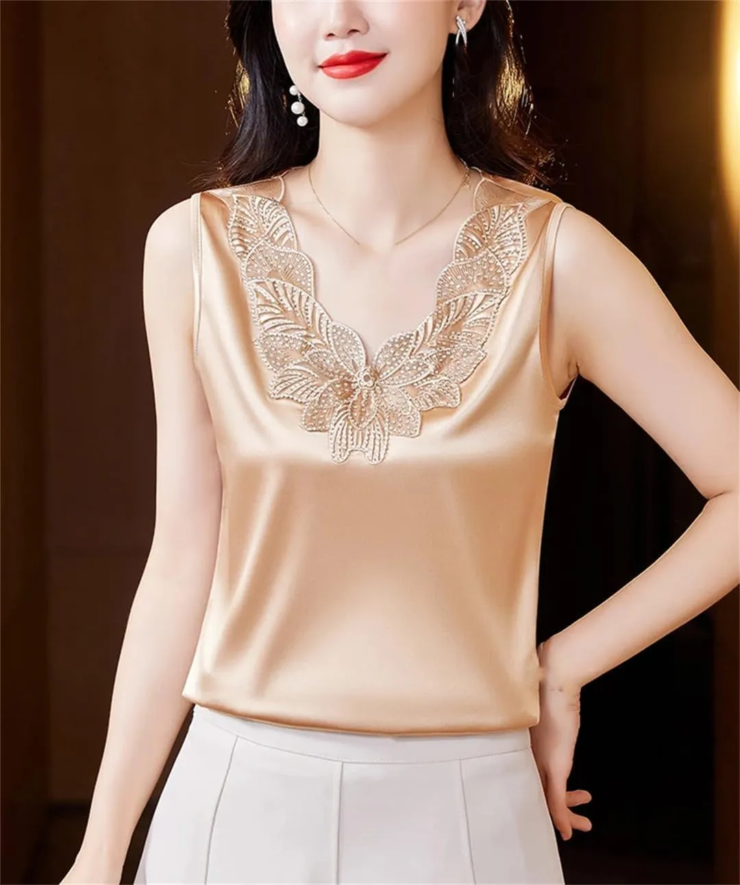 Women's Spring Summer Satin Embroidered Patchwork Tank Tops Sleeveless Camisole