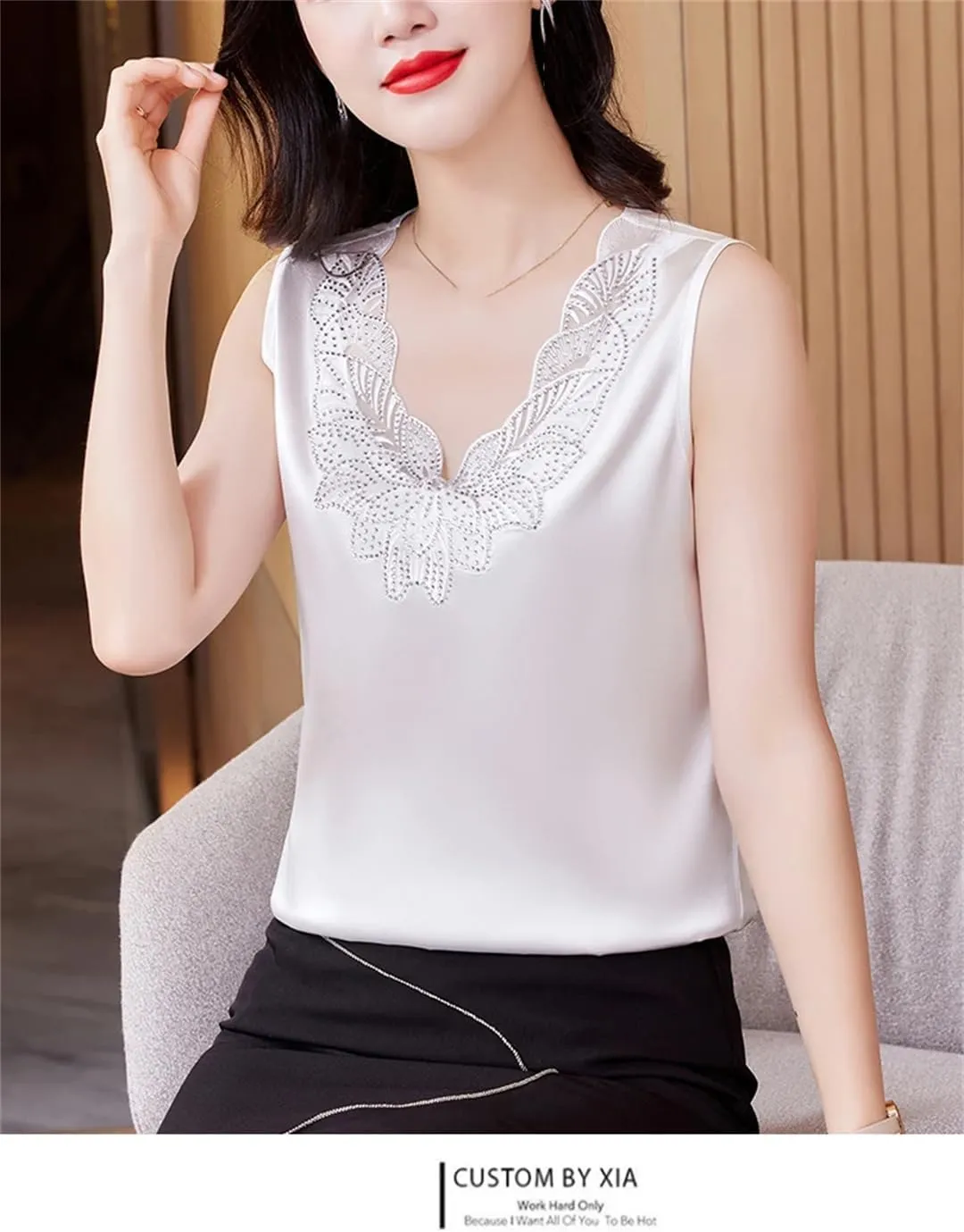 Women's Spring Summer Satin Embroidered Patchwork Tank Tops Sleeveless Camisole